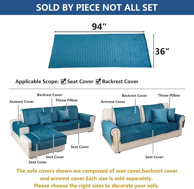 Eismodra Couch Cover,Sectional Couch Covers,Sofa Covers for 3 Cushion Couch,Anti-Slip Sofa Slipcovers for Dogs Cats Kids Loveseat Recliner L Shaped Armrest Backrest,Blue 36''x94''(Only 1 Piece) - Image 5