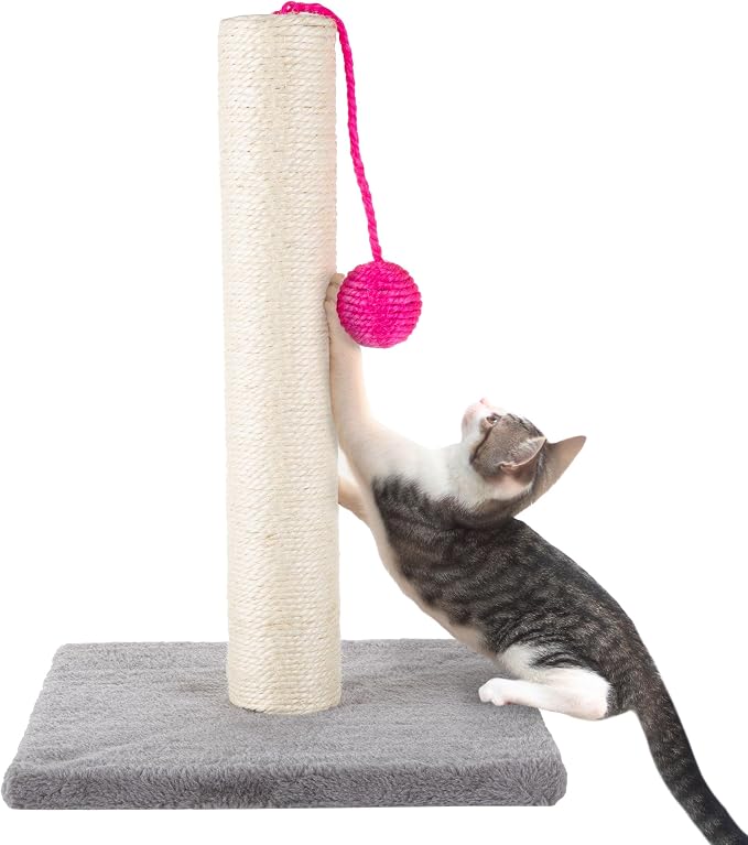 17-Inch Cat Scratching Post - Sisal Rope and Carpet Scratching Pole with Bright Pink Hanging Ball Toy for Adult Cats and Kittens by PETMAKER (Gray) by PETMAKER