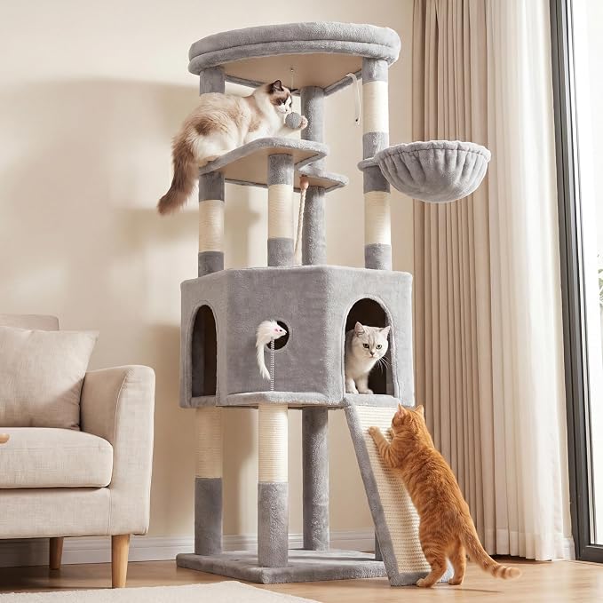 Cat Tree, 61 Inch Tall Cat Tower, Diamond-Shaped Cat Cave VCT001W | Cat Condo with Wide Top Perch & Basket, Sturdy Scratching Post, Interactive Toy for Large Indoor Cats, Light Gray - Image 9