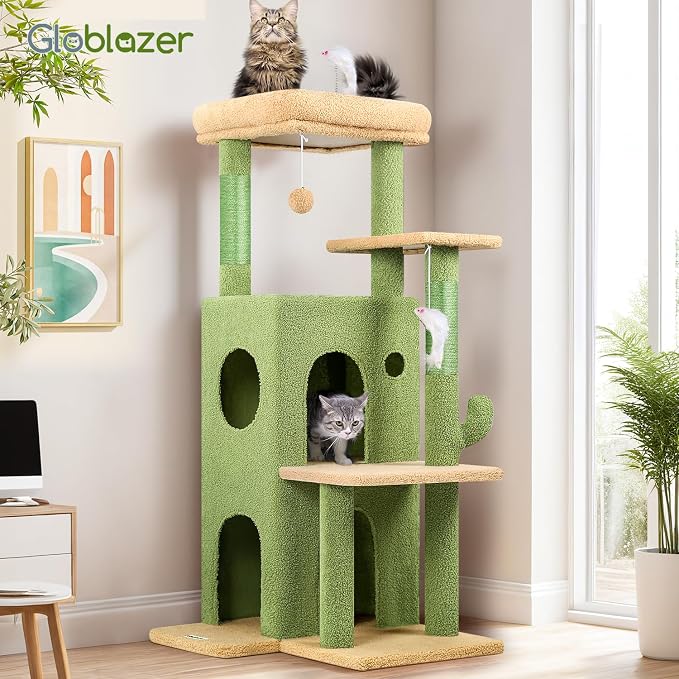 Globlazer Cactus Cat Tree Tower for Indoor Cats, 50-inch Adult Cat Tree House for Large Adult Cats with Steps, Scratching Post, 2 Cat Caves, Dangling Toys, FC50, Green - Image 7