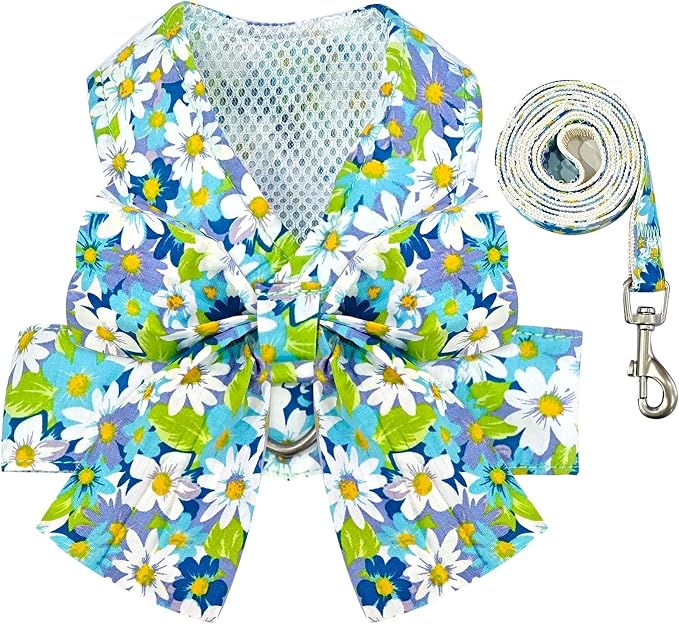 BAEJMJK Dog Harness and Leash Set with Bow Knot No Pull Pet Daisy Floral Harness with D-Ring Soft Mesh Dog Harness Vest Set Escape Proof Princess Puppy Harness for Small Girl Dogs Cats（Blue A M） by BAEJMJK