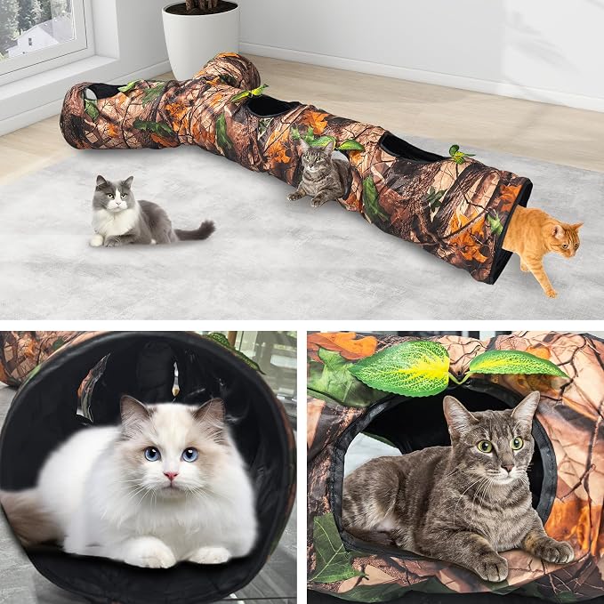 Foldable 3 Way Cat Play Tunnel for Indoor Cats,Cat Tunnel Toy | Camouflage Tree Bark Cat Tube with Peek Hole & Crinkle Paper ,Interactive Play Toy for Cat Kittens, Rabbits & Small Animals - Image 2