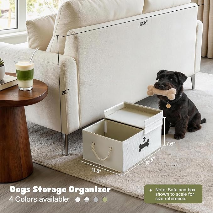 Dog Toy Basket with Double-Open Lid, Divided Dogs Basket for Toys, Collapsible Pet Toy Box, Dog Storage Organizer with 2 Divided Area, Puppy Toys Baskets with Rope Handles, Beige - Image 2