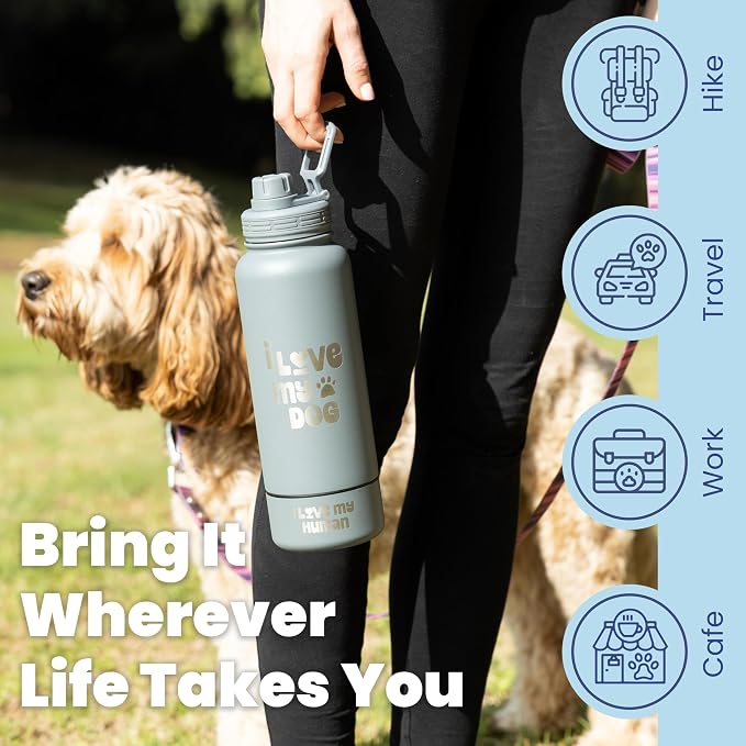 Rubyloo Dog Water Bottle with Detachable Bowl for Dog Lovers, I Love My Dog | 32oz Insulated Stainless Steel Bottle, 8oz Detachable Bowl, Leak-Proof Lid, BPA-Free, Hiking, Walking, Travel, Gift - Image 3