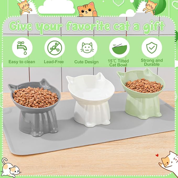 3 Pcs Elevated Cat Bowls 15°Raised Cat Food Bowl with Silicone Mat 3 Colors | Whisker Friendly Anti Vomiting Cats Dishes Pet Food and Water Bowls for Indoor Cats Kittens - Image 3
