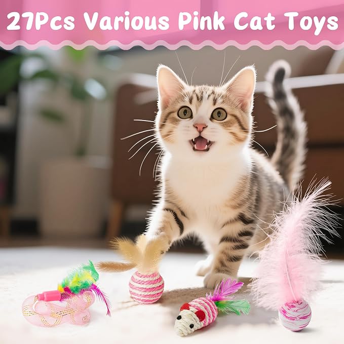 MALLMALL6 Cat Toy Set Interactive Cat Toys 27Pcs Pack Stuff Pink Feather Teaser Wand Springs Mice Sisal Fish Crinkle Balls Bell Balls, Puzzle Pack for Indoor Kitty Play Exercise - Image 6
