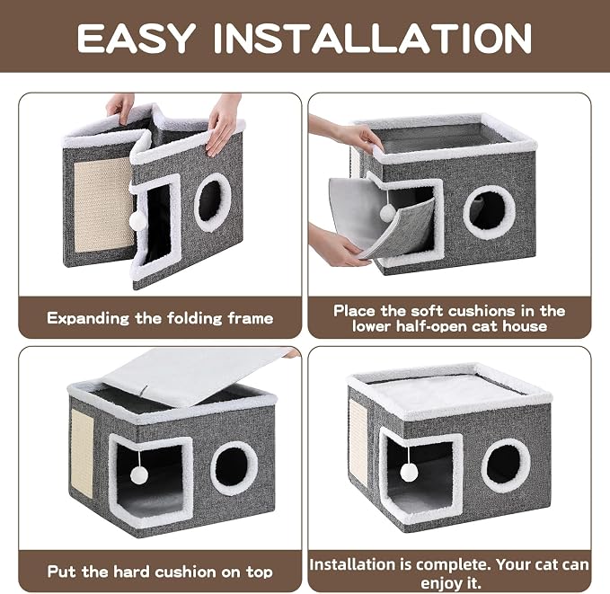 Large Cat Houses for Indoor Cats with Fluffy Ball and Scratch Pad | Foldable Cat Bed Cave for Multiple Pets, Kitten Bed for All Seasons, Non-slip, Hold Up to 30LBS, 16x16x13inch, Grey - Image 6