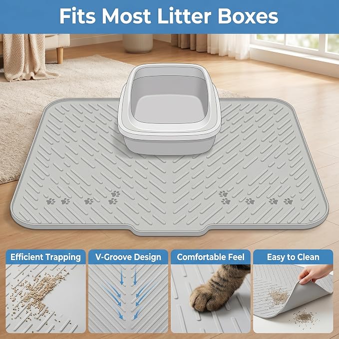 Extra Large Cat Litter Mat 35.5x26.7in Waterproof Silicone Litter Box Mat | Large coverage catches scattered litter, keeps floors clean, soft paw-friendly surface and quick cleanup for daily use - Image 7