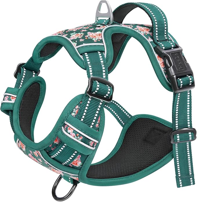 HEELE Large Dog Harness, Reflective, No Pull No Choke, Flower Grass Green L | Front Clip for Large Dog Harness, 2 Metal Rings with Handle, Adjustable, Soft Breathable Padded Pet Vest for Night Walking - Image 6