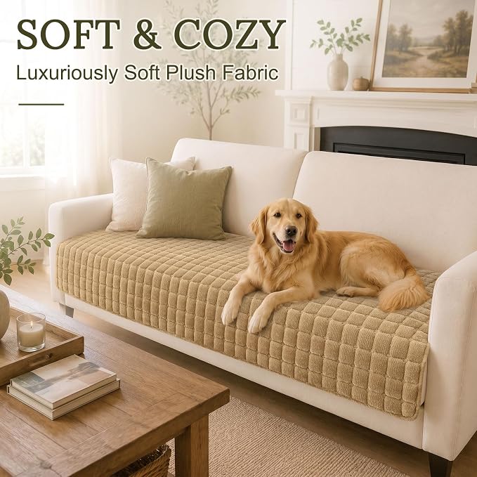 Smiry Velvet Couch Cover for Dogs, Non Slip Soft Sofa Protector for Pets | Washable Sofa Cover for Cats, Cozy Furniture Protector Against Pet Hair, Scratches, Fits Sectional Sofa(Camel, 36"x82.7") - Image 2