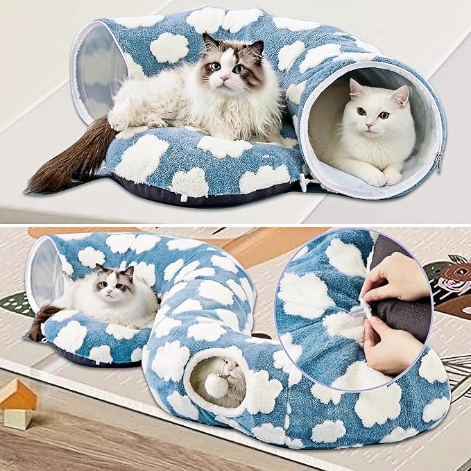 Cat Tunnel Bed with Washable Cushion for Indoor Cat, Donut Cave Tube Toys for Kitten Puppy Rabbit, Blue - Image 2