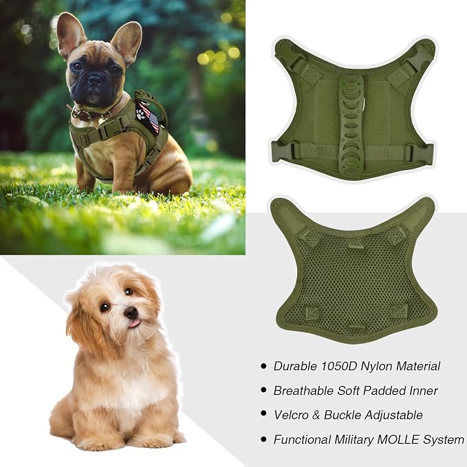 Tactical Small Dog Harness Tactical Puppy Vest with Rubber Handle K9 Military Adjustable Pet Cat Vest Harness for Outdoor Training XS Dog Harness (Green Harness) - Image 3