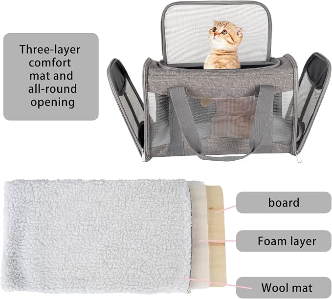 Cat Carrying Case - Pet Carrier Airline Approved, Protable and Breathable Pet Travel Carrier Removable Fleece Pad, Collapsible Cat Carrier Dog Carrier for Medium Cats Small Cats Dogs (17*11*11 grey) - Image 5