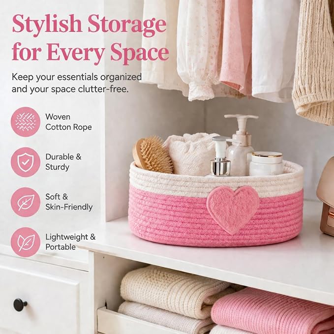 Geelin 3 Pcs Pink Heart Baskets for Gifts, Woven Rope Storage Bins | Rope Design with Heart Decor, Great for Bedroom Shelf Organizing, Nursery Toys, Laundry, Oval 11.8"x7.8"x4.7" - Image 5