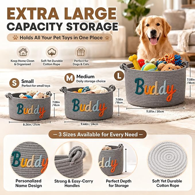 MBBEST Personalized Dog Toy Basket with Name, Cute Custom Dog Toy Storage Bin for Dogs & Cats, Handmade Cotton Rope Dog Toy Box Organizer for Toys, Treats & Blankets, Unique Gift for Pet Lovers - Image 4