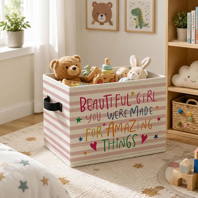 Girls Room Storage Bins Box, Positive Colorful Collapsible Organizer Basket | affirmation encouraging storage box basket for books clothes, pastel striped organizer for nursery bedroom playroom, 10x14 in - Image 5