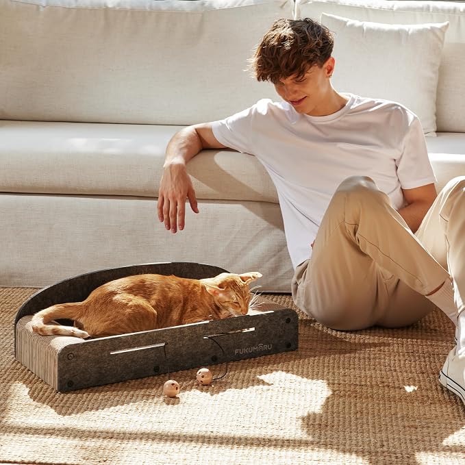 FUKUMARU Large Cat Scratcher Bed, 26 Inch Cat Scratching Bed Sofa Indoor | Cardboard Cat Scratcher with 2 Reversible Scratch Pad Refills, Durable Large Cat Scratching Lounger with Ball Toy, Grey - Image 5