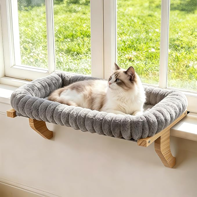 Zoratoo Cloud-Cuddle Cat Perch for Window Sill with Zipper Cushion, M Gray | 21.7’’x18’’, Removable for Machine Wash, Fluffy Plush Bolster, Sturdy Metal Frame for Large Cats up to 40lbs, Easy to Adjust by Zoratoo