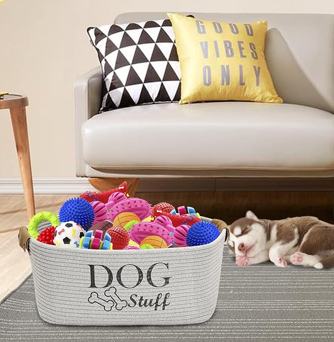 Geyecete Square Dog toy basket storage Cotton Rope Storage Basket Pet/Pet Toy And Accessory Storage Bin Doy Toy Box-Gray - Image 5