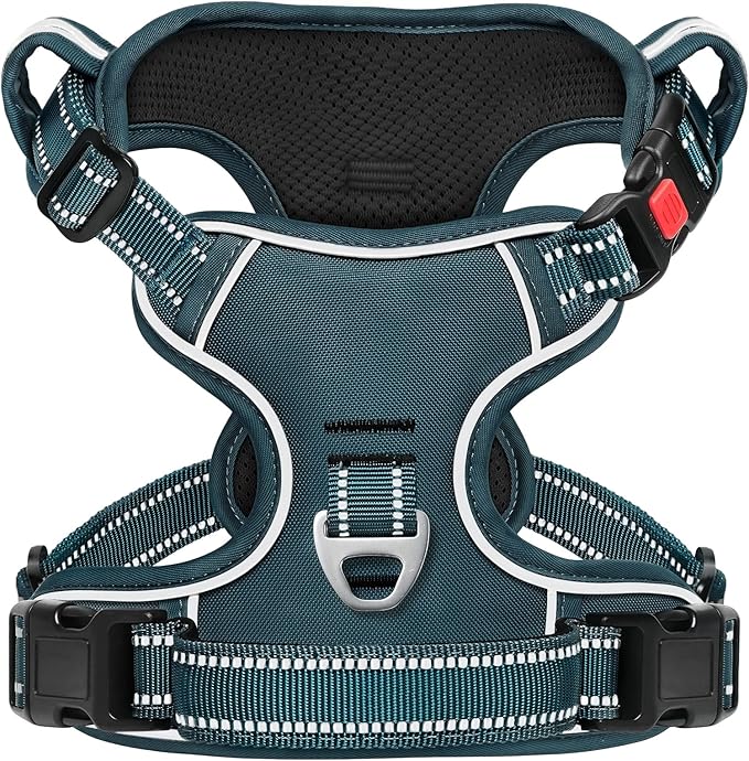Timos Dog Harness, No Pull Large Sized with 3 Buckles, Blackish Green, L | Reflective, No Choke, Easy On & Off, Adjustable Soft Padded, Front & Back 2 Clips and Control Handle for Walking Training by Timos