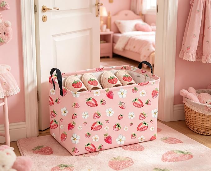 Sanjiaofeng Rectangular Strawberry Storage Baskets Baby Girl Basket Kids Baby Storage Basket Waterproof Collapsible Storage Bin Cute Organizer Box Girl Room Decor(Strawberry) - Image 6