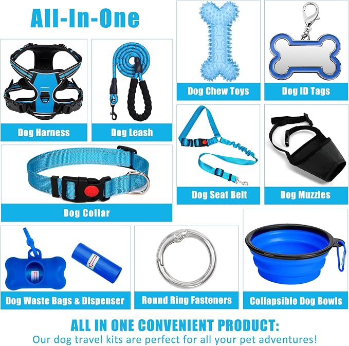 No Pull Dog Harness Adjustable Collar & Leash Set - Dog Halter Harnesses Collapsible Bowls & Poop Bag Dispenser Muzzle ID Tags Toys Fits Small Medium Large Dogs (Blue-L) - Image 2