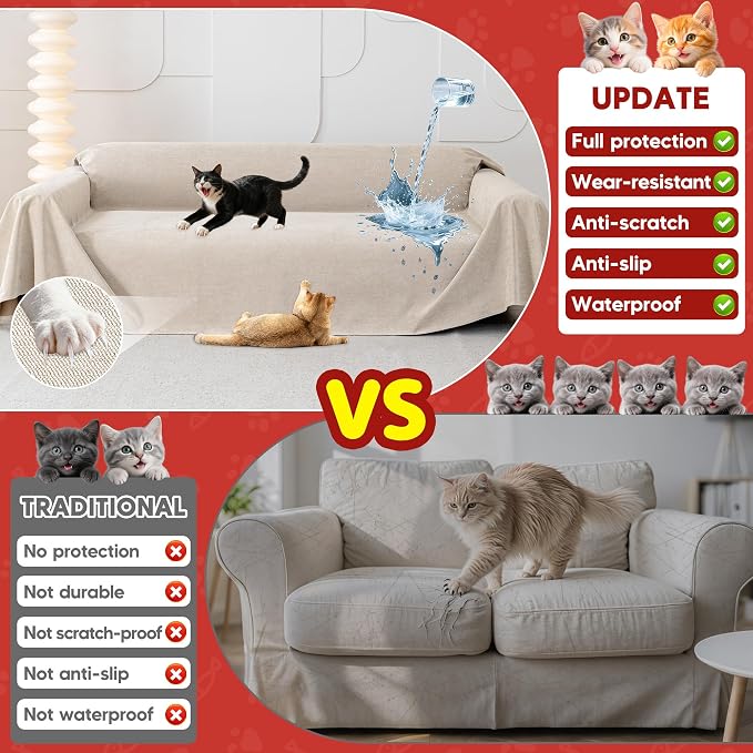 Loiion Cat Scratch Proof Furniture Protector Waterproof Sofa Cover 150"x71" | Pet-Friendly Couch Protector, Anti-Scratch & Anti-Slip Sofa Cover For Cats Dogs Kids, Machine Washable - Image 7