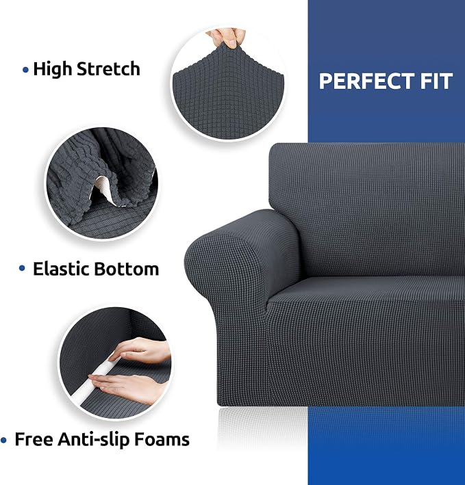 KEKUOU Stretch Couch Covers for Sofa, 3 Cushion Couch Slipcover,Charcoal | 1-Piece Washable Sofa Cover Pet Friendly(78"-94") Furniture Protector Soft Jacquard, Elastic Bottom for Dogs & Kids - Image 7