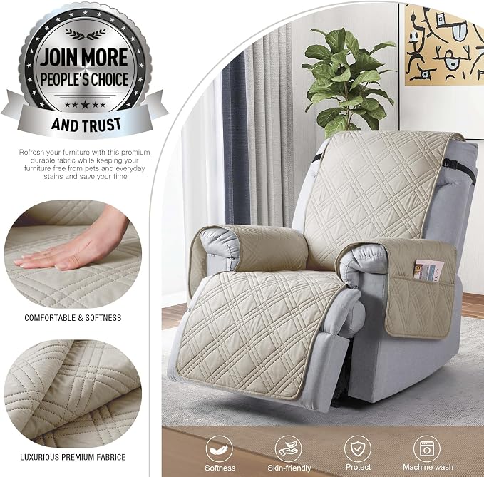 TAOCOCO Waterproof Recliner Chair Covers 30 Inch Wide, Oversized Recliner Covers for Recliner Chair with Pocket, Recliner Slipcovers with Straps Furniture Protector for Kids Pets (30'', Cream) - Image 3