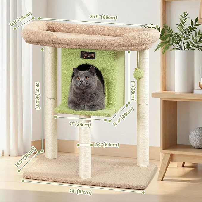 Cat Tree Tower Scratching Post for Indoor Large Adult Cats with Perch Bed | 28in Tall Small Cat Trees House with Big Perch, Condo, Toy Balls, Modern Kitten Climbing Furniture Platform, Green - Image 9
