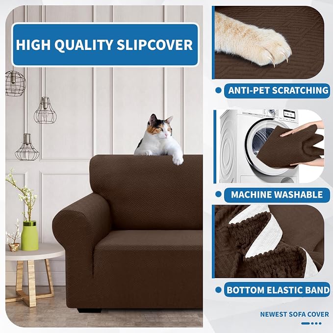XINEAGE Stretch Jacquard Sofa Cover, Non Slip Sofa Slipcover for Dog | High-Stretch Fabric. Wear-Resistant, Pet Friendly. Easy Install & Washable for Living Rooms, Offices.Coffee - Image 6