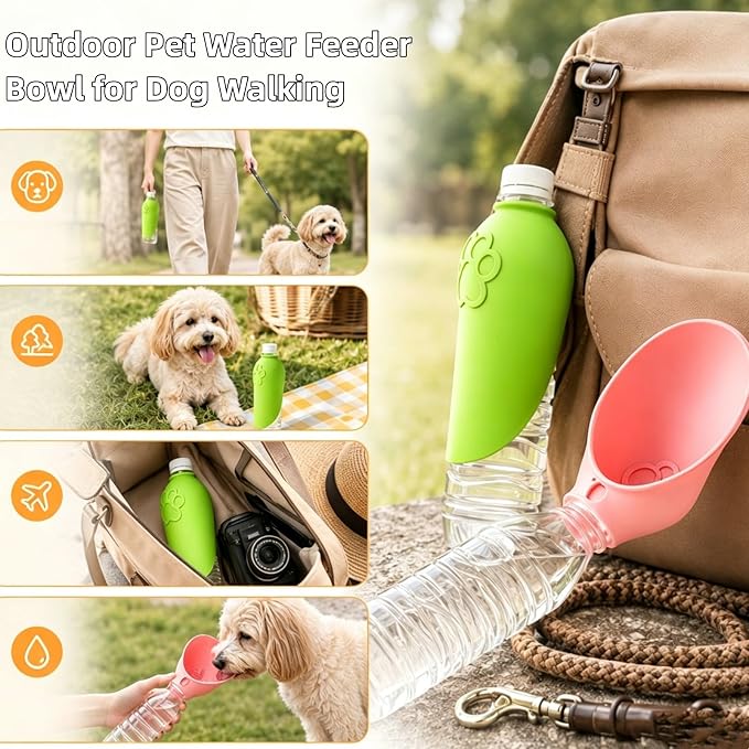2PCS Portable Dog Water Bottle Attachment, Silicon Slip-On Pet Water Bowl, Foldable Leak Proof Dog Drink Dispenser Adapter for Outdoor Walking Hiking Travel (Green+Pink) - Image 3