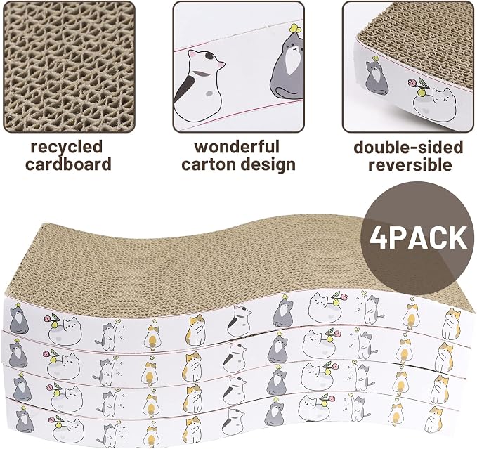 PatiencET Cat Scratcher Cardboard 4 Pack Cat Scratch Pad | Reversible, Curve Design, Durable, Indoor Cats, Lounger Sofa, Multi-Room Use - Image 3