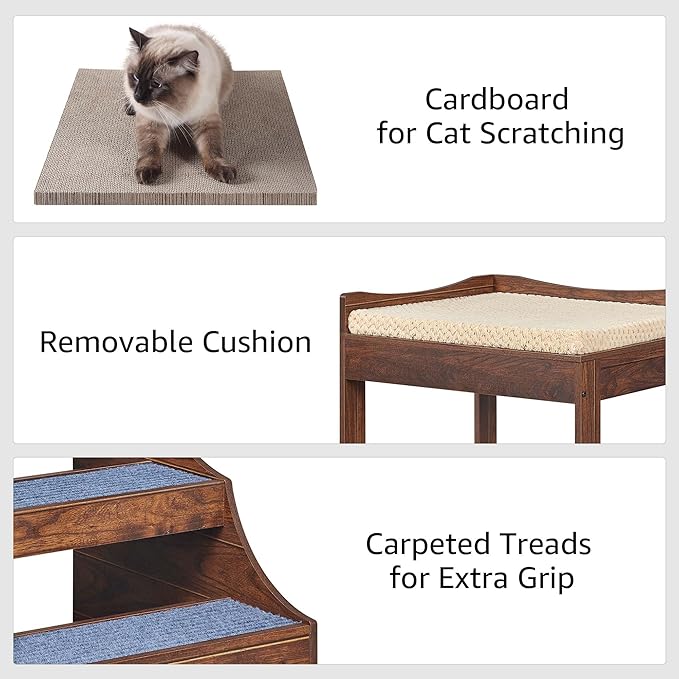 unipaws Pet Bunk Bed with Removable Step for Dog and Cat, Window Perch Seat | Multi-Level Bed with Cushion and Cat Scratch Pad, Indoor Use, Walnut - Image 6