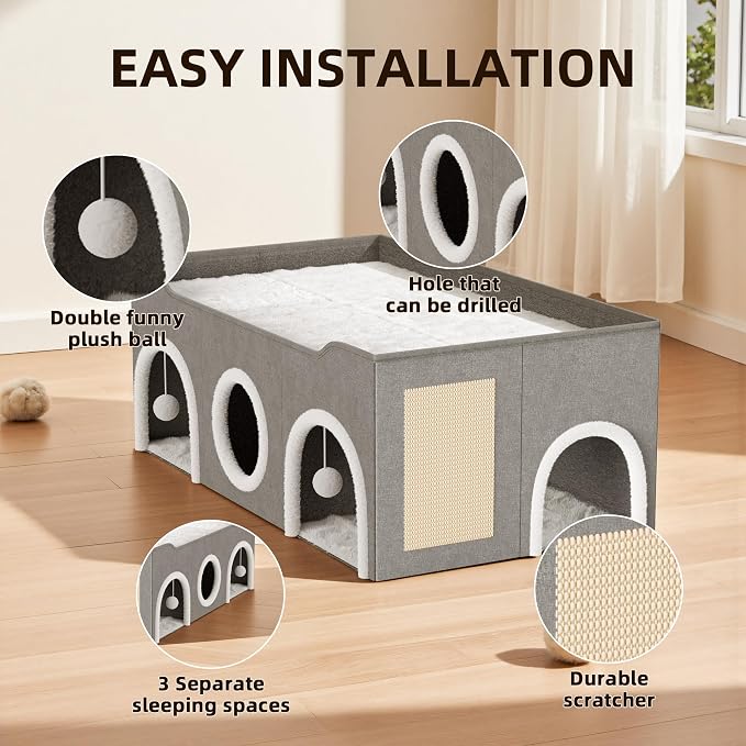 Top Bed Three Rooms Cat Condos,All-in-1 Extra-Wide Cat House for Indoor，Multi Cats Puppy Family, Large Cat Cave for Pet House with Fluffy Ball Hanging and Scratch Pad, Foldable Hideaway - Image 5