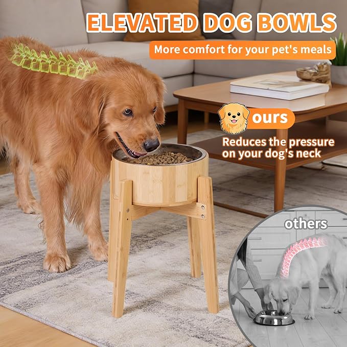 Elevated Dog Bowls for Large Dogs Feeder Two Bowls with a Stainless Steel and Bamboo Dishes，Raised Dog Bowl Stand with Non-Slip Feet，Ideal for Medium and Large Breeds， (13.5-inch High) - Image 6
