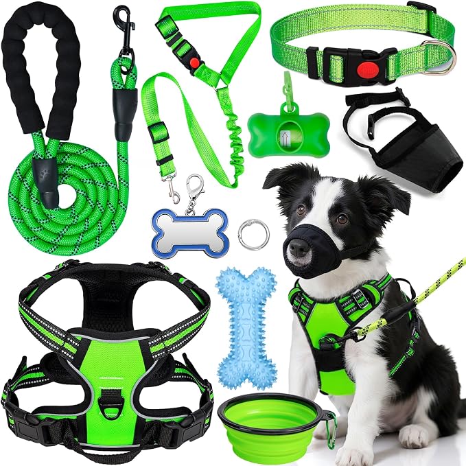 No Pull Dog Harness Adjustable Collar & Leash Set - Dog Halter Harnesses Collapsible Bowls & Poop Bag Dispenser Muzzle ID Tags Toys Fits Small Medium Large Dogs (Green-M) by Unknown