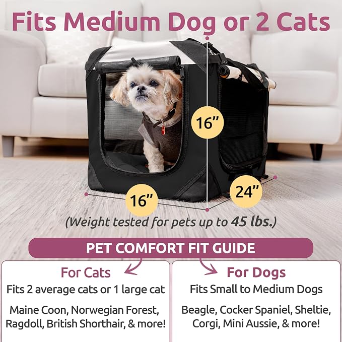 Cat & Dog Pet Carrier, Soft-Sided, Large 24"x16"x16", Fits Large Cat, 2 Cats, or Medium Dog Comfortably, Great for Travel & Vet Visits, Privacy Windows, Removable Bed, Locking Zippers, Foldable - Image 3