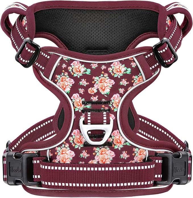 HEELE Dog Harness, Reflective, No Pull No Choke, Flower Burgundy, S | Front Clip for Small Dog Harness, 2 Metal Rings with Handle, Adjustable, Soft Breathable Padded Pet Vest for Night Walking by HEELE