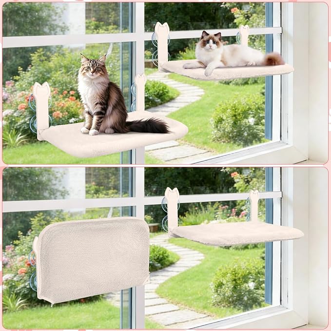 2 Pack Cat Window Perch,Cat Window Hammock Cordless Foldable Window Bed with 4 Large Strong Suction Cup,Reversible Cushion Cover,Metal Frame Easy to Adjust Window Seat Holds up to 40lbs(Beige - Image 8