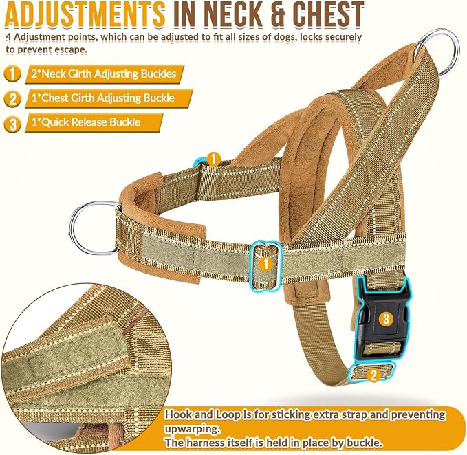 SlowTon No Pull Dog Harness with Front Clip - Heavy Duty, Soft Padded | Neck & Chest Adjustable, Tactical Pet Vest and Leash Set for Large Medium Sized Dogs, for Easy Walk & Training, Tan M - Image 5