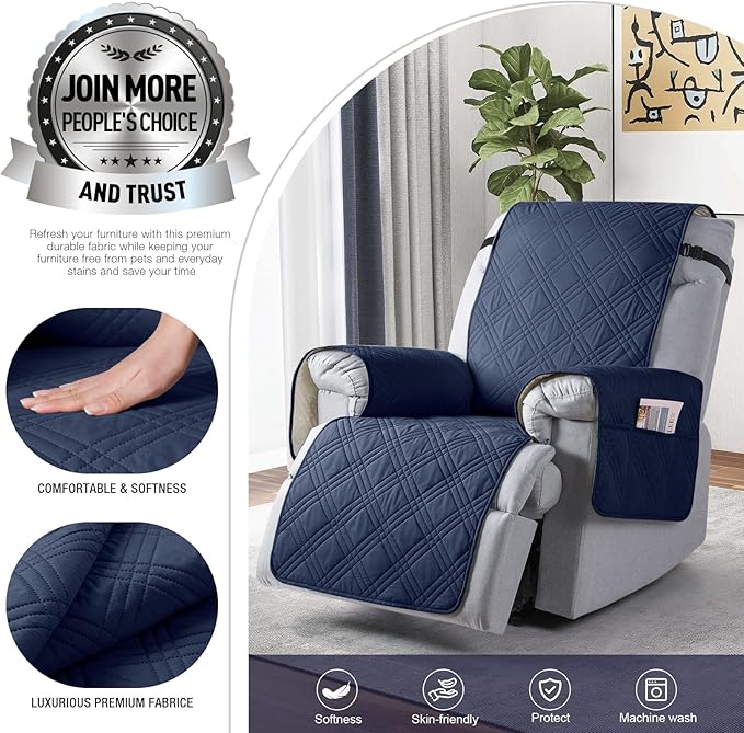 TAOCOCO Waterproof Recliner Chair Cover for Large Recliner, Oversized Recliner Covers for Recliner Chair with Pocket, Recliner Slipcover Furniture Protector for Kid Pets(28'', Navy Blue) - Image 4