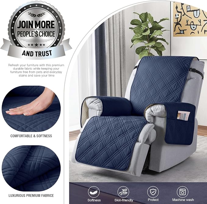 TAOCOCO 100% Waterproof Recliner Chair Covers, Non Slip Recliner Covers for Recliner Chair with Pocket, Washable Reclining Chair Cover Furniture Protector for Kids,Dogs(25'', Navy Blue) - Image 4