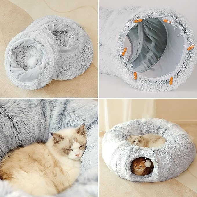Cat Tunnel, Cat Tunnel with Sleeping Area, Plush Donut Cat Bed with Pom-Poms, Indoor Interactive Cat Toy, Gray (33.46×10.23in) - Image 6