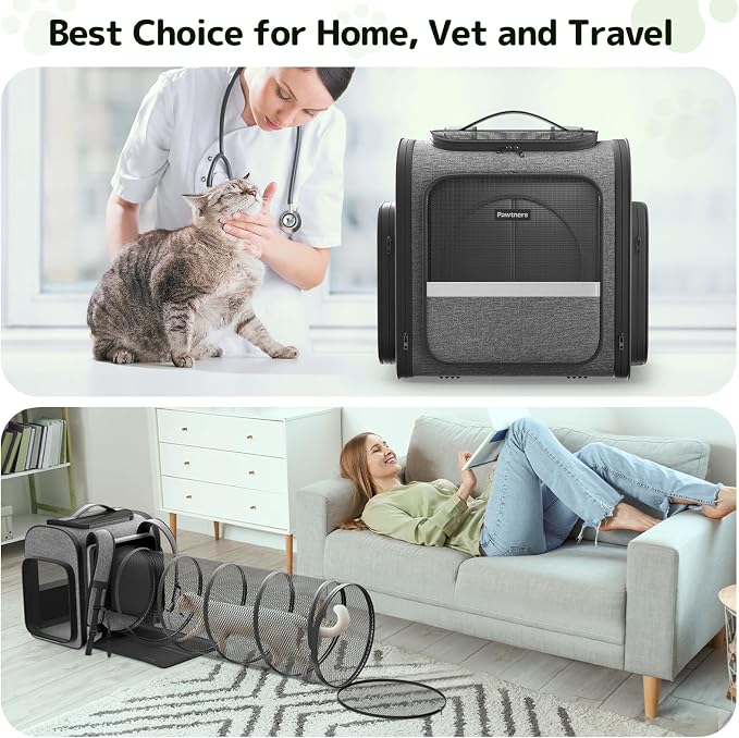 Pawtners Cat Backpack with Play Tunnel, Design for Carrying Playing Grey | Expandable, Foldable, Breathable, Large Space, Durable, Perfect for Cat Small Dog, Travel Hiking Camping Walking Car - Image 9