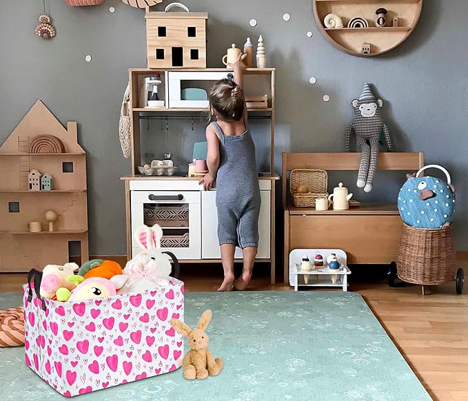 Rectangle Gift Storage Basket Home Shelf Storage Basket Organizer Box Clothes Laundry Hamper Nursery Basket Laundry Basket with Handles (Heart) - Image 3