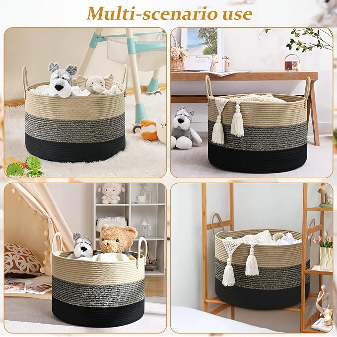 67L Large Woven Blanket Basket, Cotton Rope Baby Laundry Hamper with Handles, Kids Toy Basket for Classroom & Nursery, Soft Round Stuffed Animal Storage, Dog Toy Bin - 20"x13", Black & Brown - Image 6