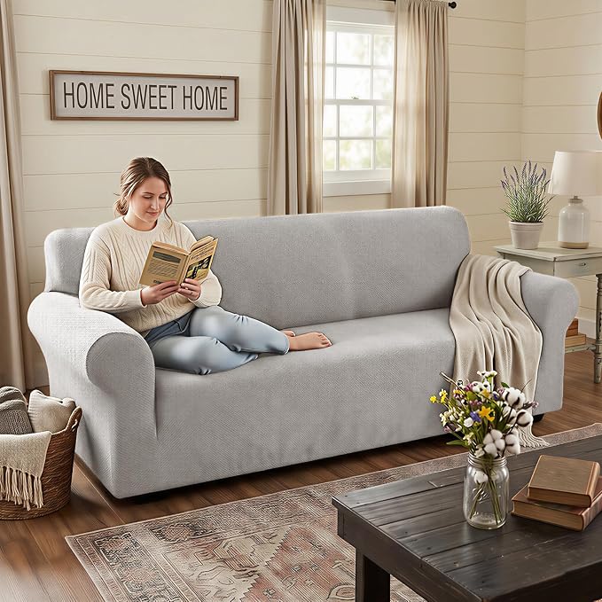 XINEAGE Stretch Jacquard Sofa Cover, Non Slip Sofa Slipcover for Dog | High-Stretch Fabric. Wear-Resistant, Pet Friendly. Easy Install & Washable for Living Rooms, Offices.Sliver Gray - Image 3