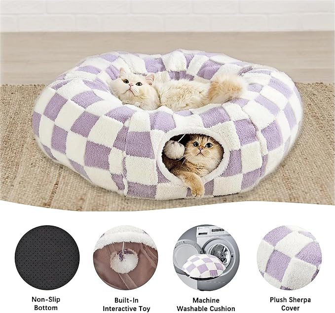 Cat Tunnel Bed with Washable Cushion for Indoor Cat, Donut Cave Tube Toys for Kitten Puppy Rabbit, Purple - Image 5