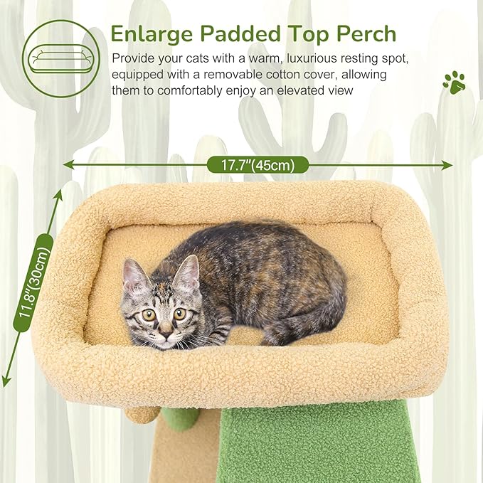 Globlazer Large Cactus Cat Tree Tower, 70in Tall Heavy Duty Green Cat Tree for Indoor Cats Sturdy Cat Tower with Scratching Post and Board, Hammock, Cat Condos for Adult Cats Kittens, F70 Pro, Green - Image 2